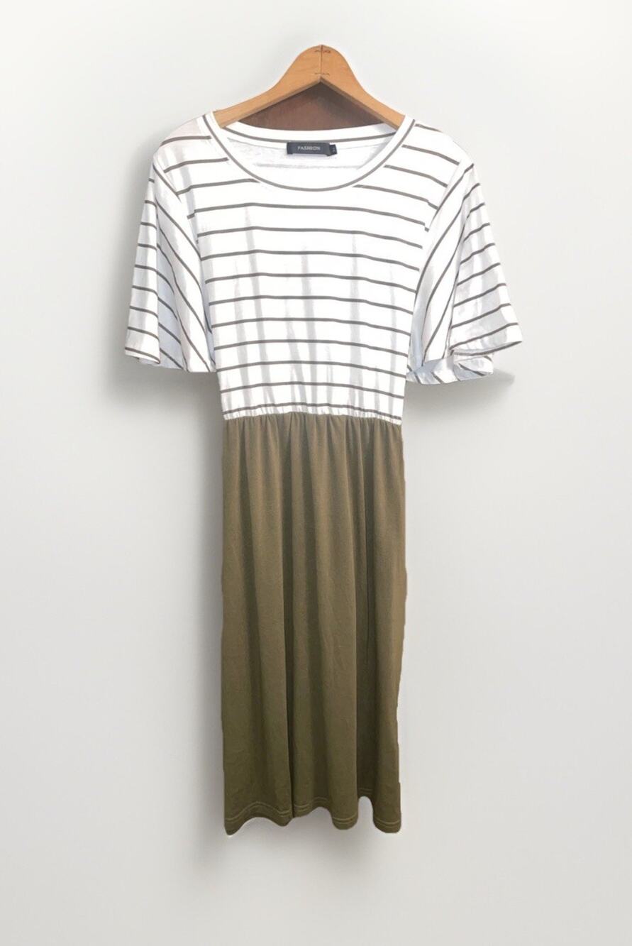 Fashion Striped Tie Back Midi Dress Women’s M White Olive Green Short Sleeve